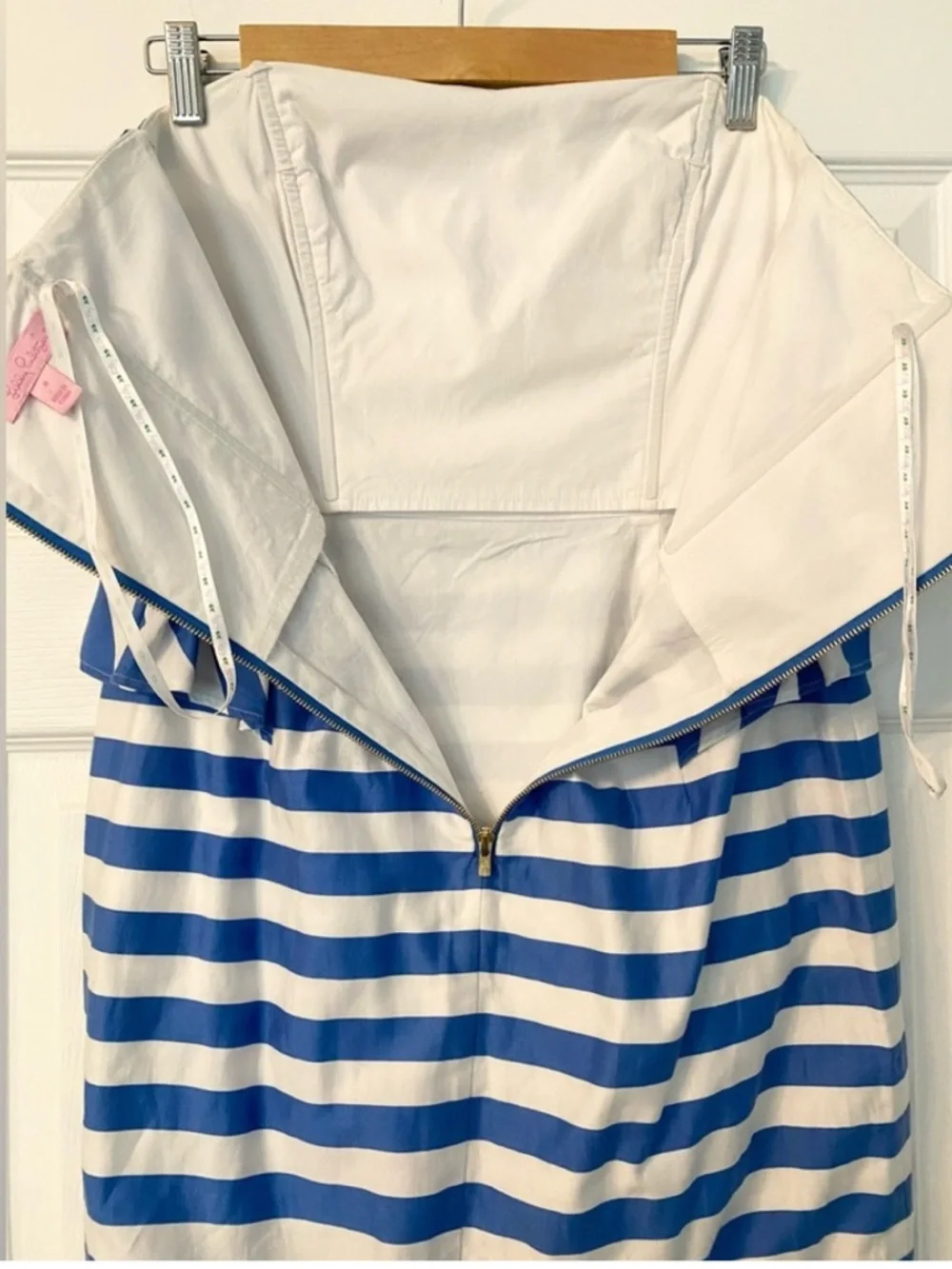Lilly Pulitzer Blue and White Strapless Peplum Sheath Dress - Picture 6 of 7